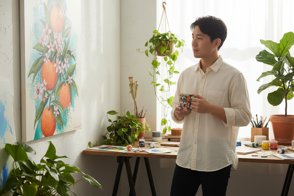 Young East Asian man in creative studio with Orange Blossom mug