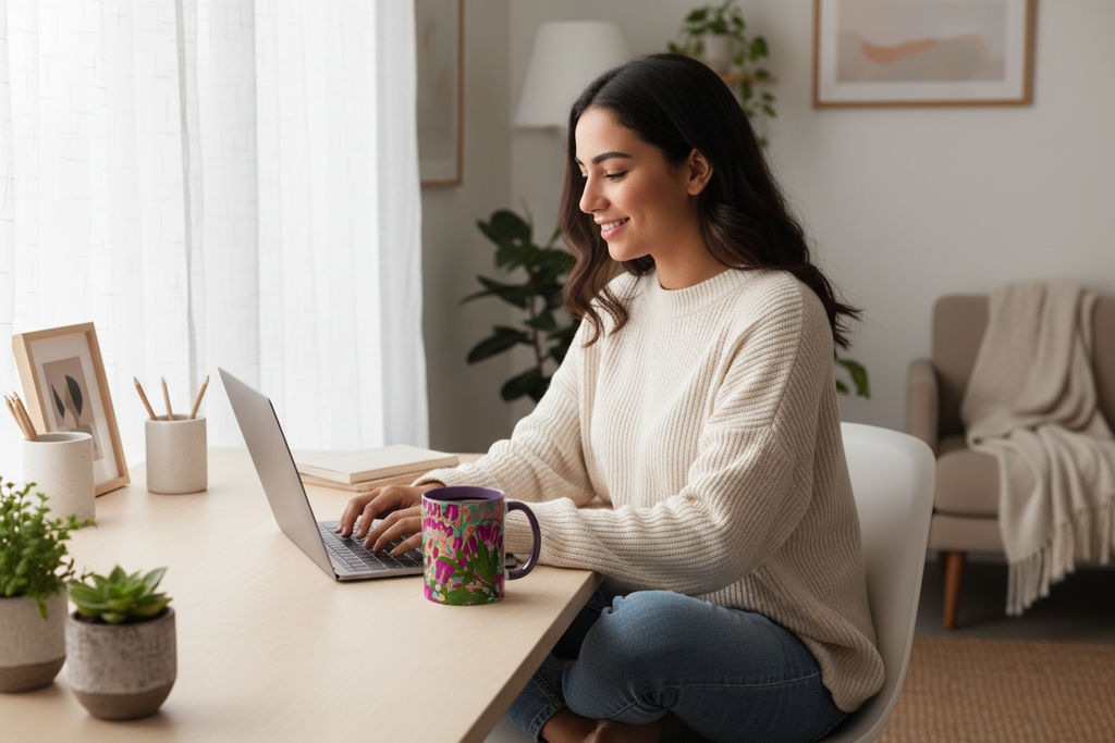 Young Middle Eastern woman working from home with Bleeding Hearts mug