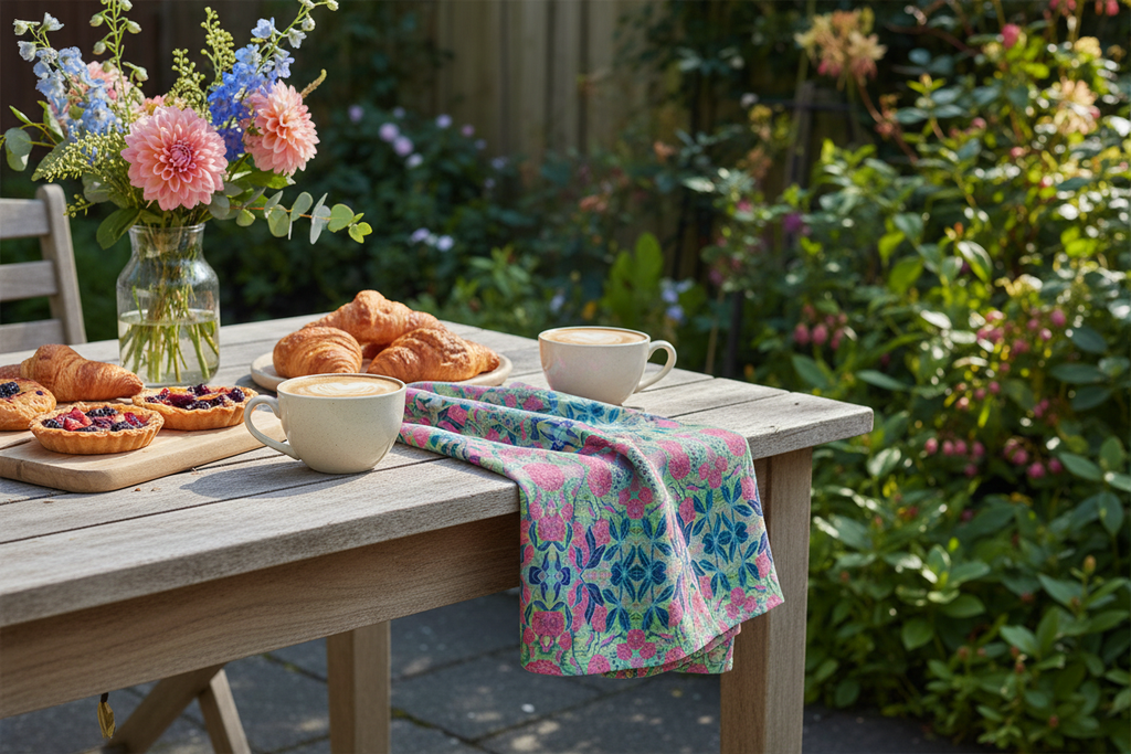 Radiant Dahlia Geometric Large Tea Towel - Original Botanical Kitchen Linen UK Made