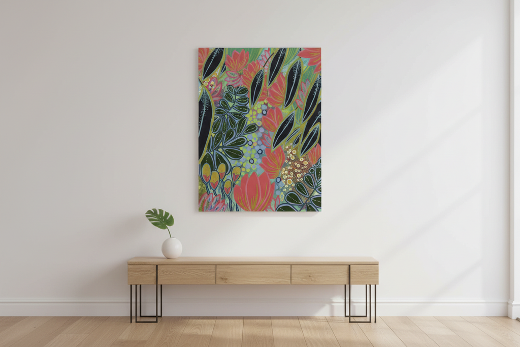 Electric Eden botanical art print hung in a bright hallway, 70x50cm