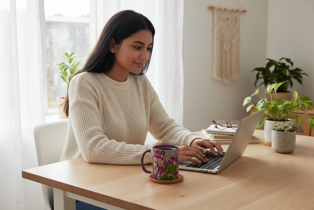 Young South Asian woman working from home with Orange Blossom mug