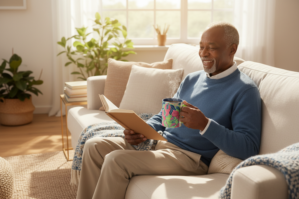 Elderly Black man relaxing with tea in Radiant Dahlia mug