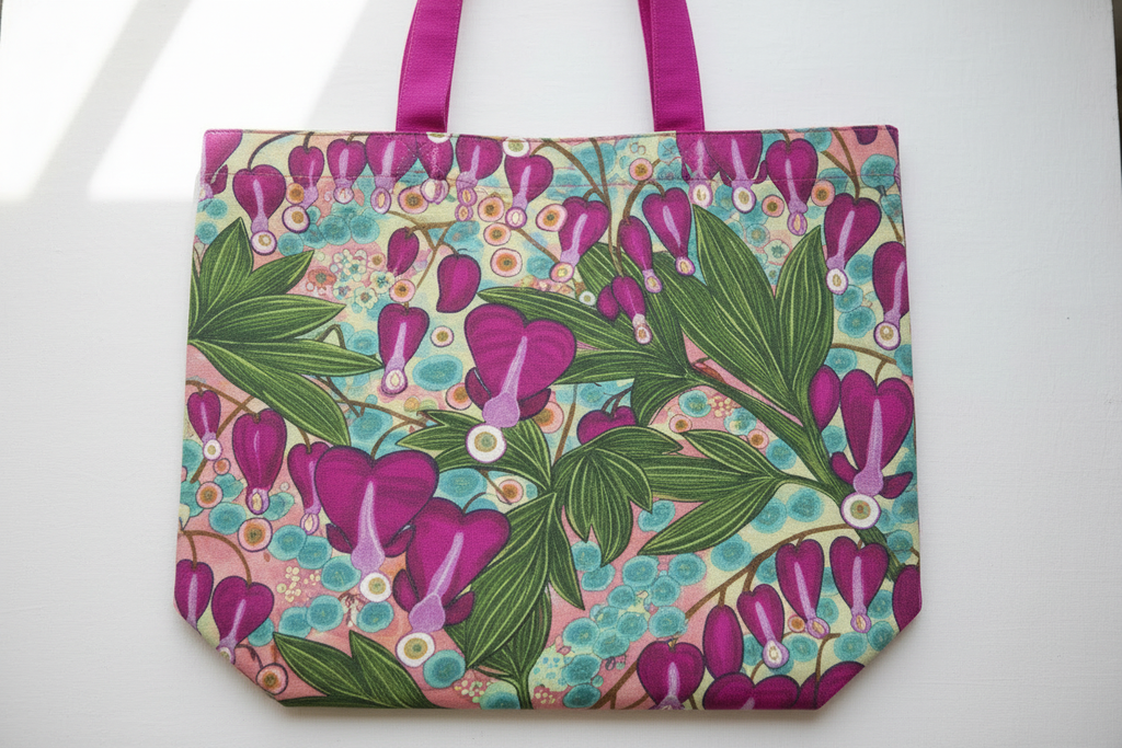 Close-up detail of Bleeding Hearts tote bag pattern