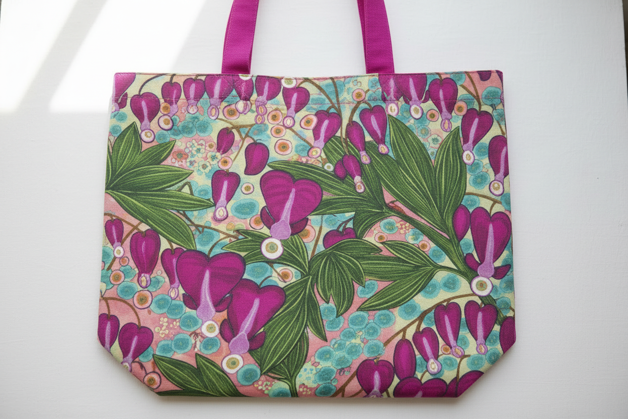 Close-up detail of Bleeding Hearts tote bag pattern