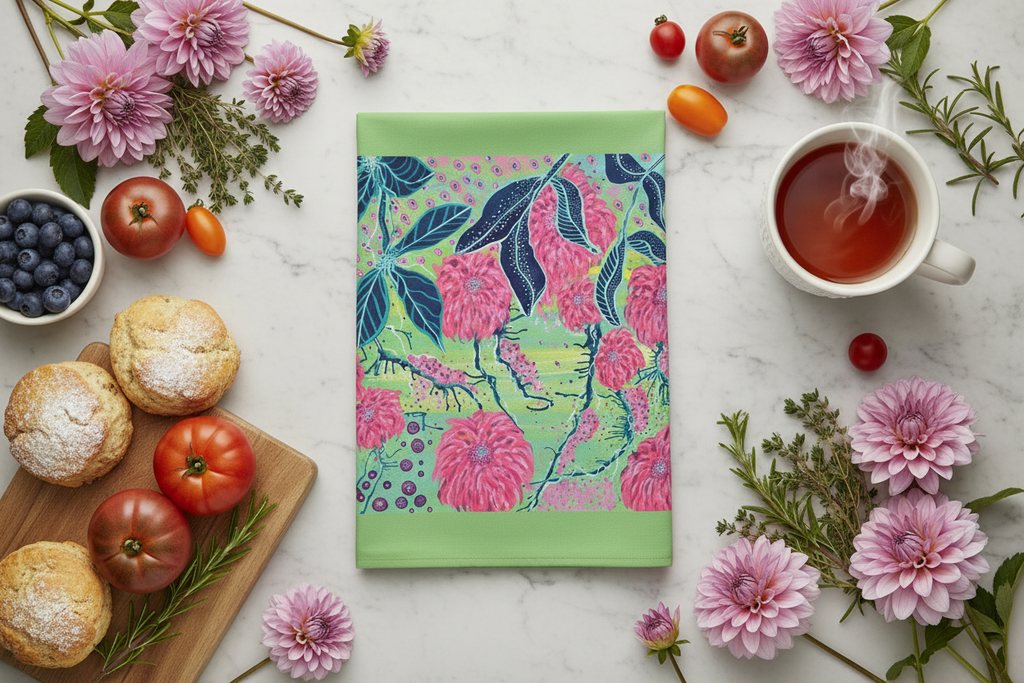 Kitchen countertop scene with Radiant Dahlia tea towel and baked goods