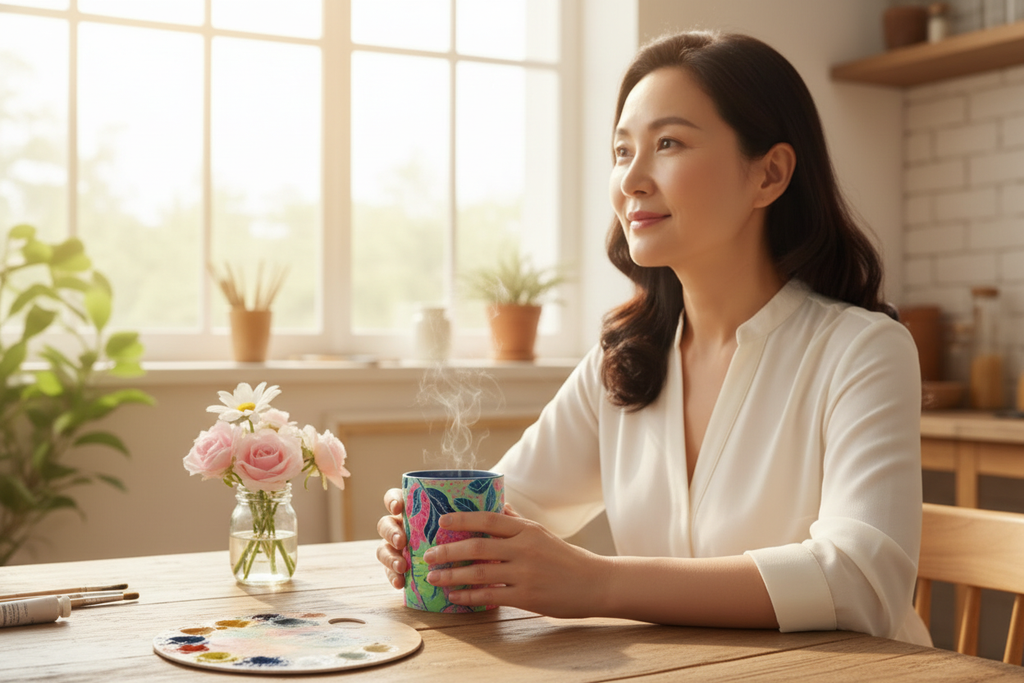 Middle-aged Asian woman enjoying morning coffee in Radiant Dahlia mug