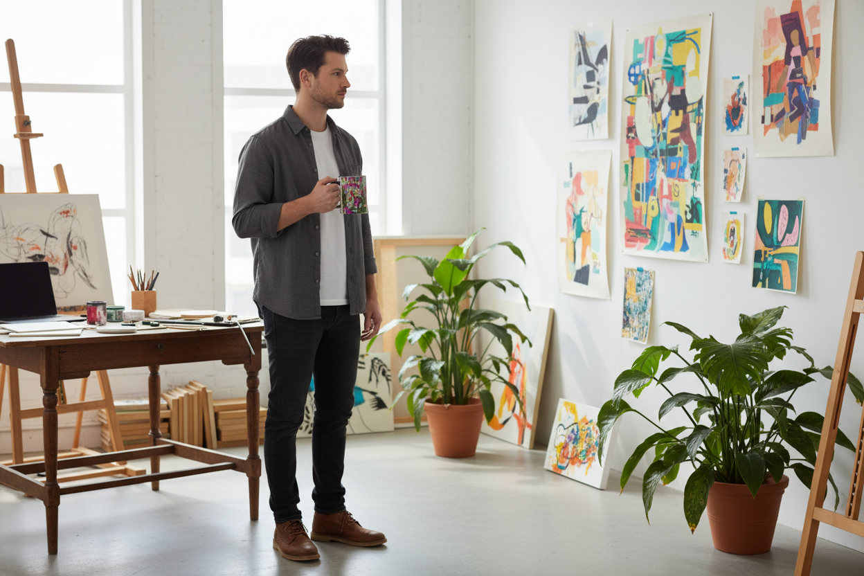 Young white man in creative studio with Bleeding Hearts mug