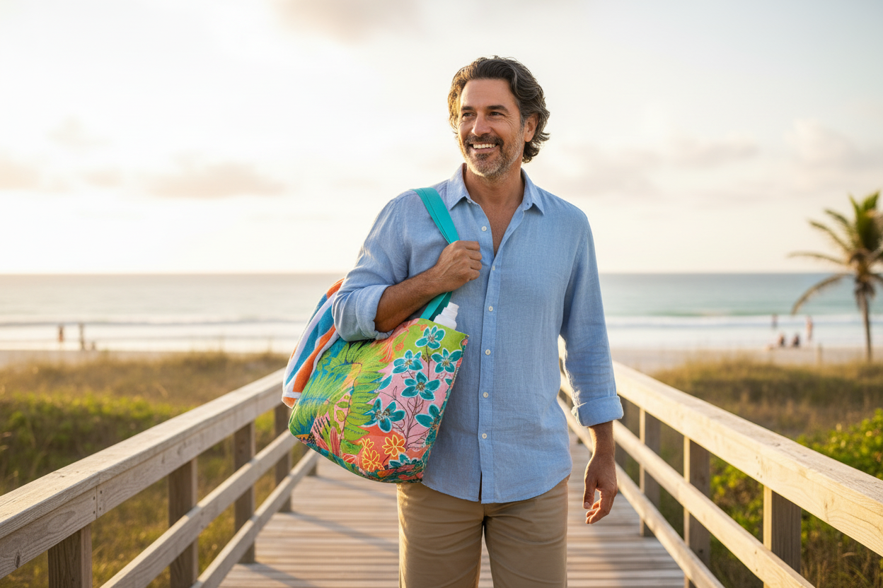 Middle-aged Hispanic man with Summer Awakening tote at beach