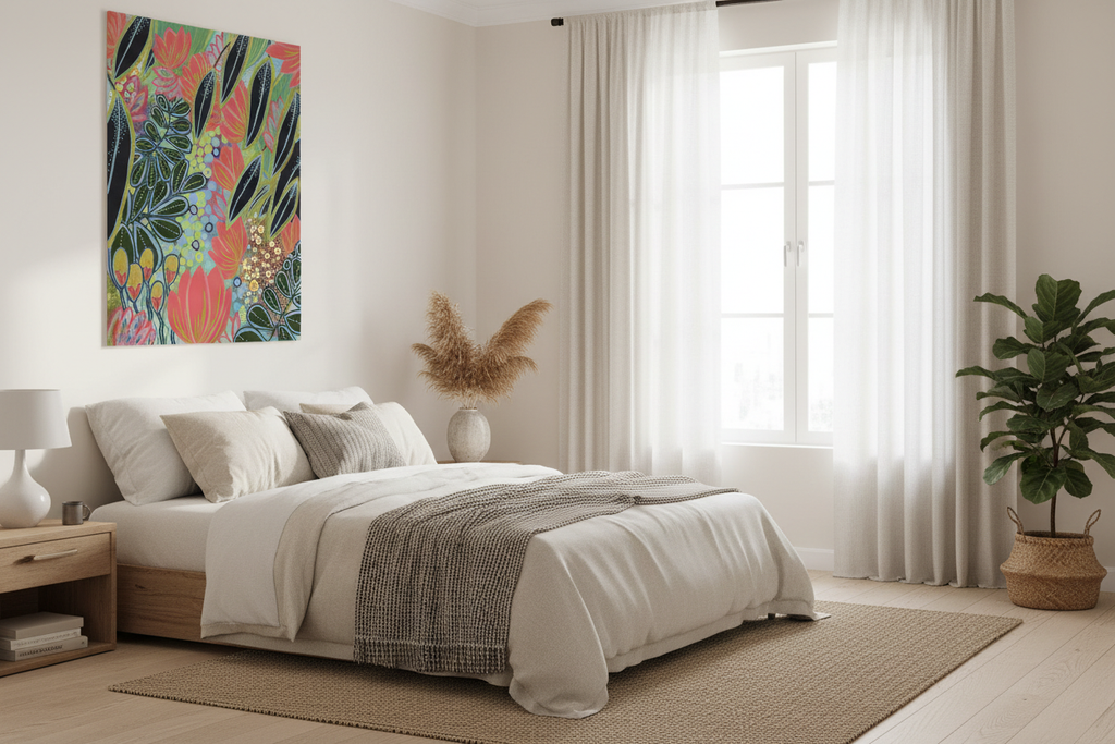 Electric Eden botanical art print hung above a bed in a boho-luxe bedroom, 70x50cm