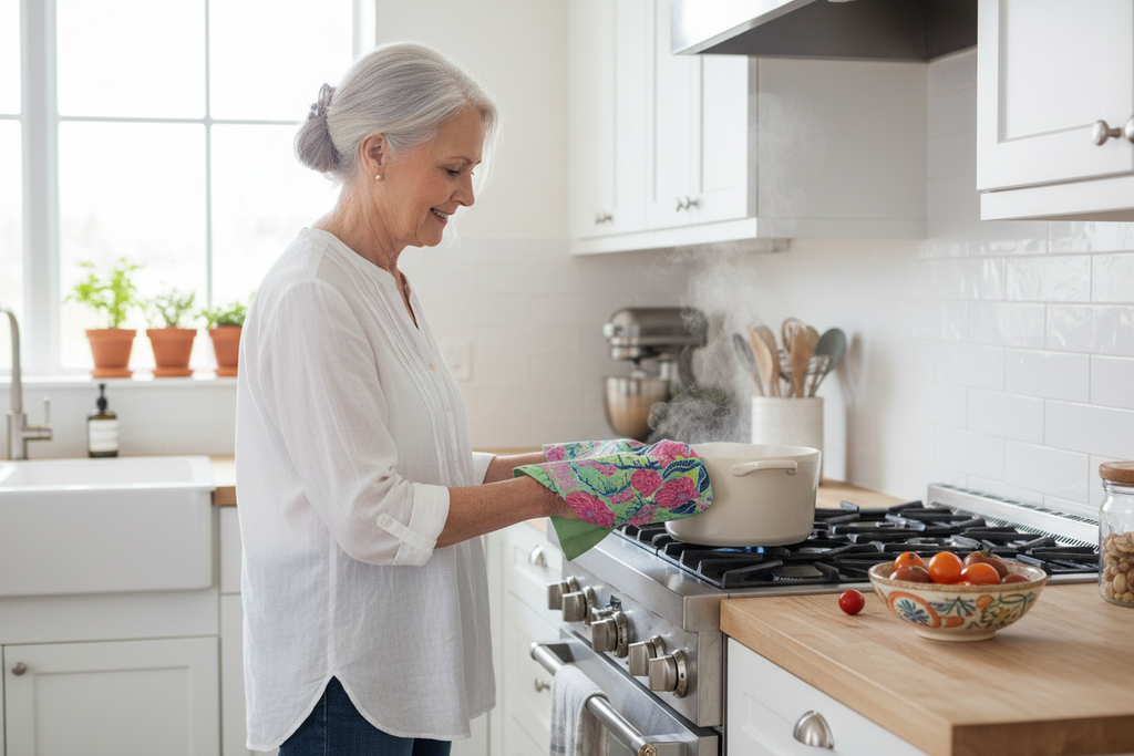Elderly woman using Radiant Dahlia tea towel with hot pot
