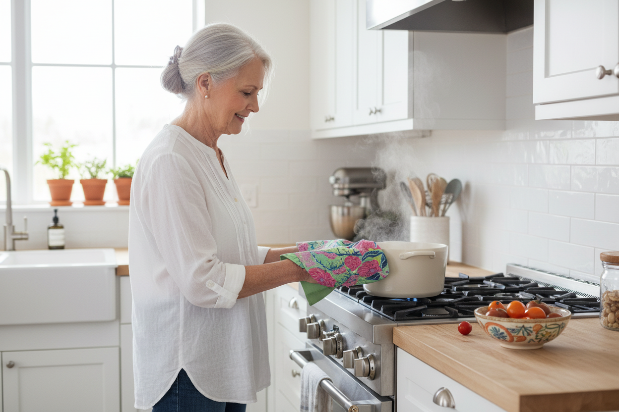 Elderly woman using Radiant Dahlia tea towel with hot pot