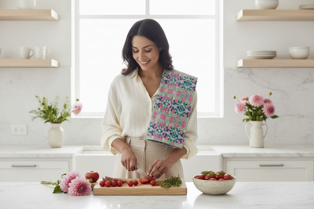 Young Middle Eastern woman cooking with Radiant Dahlia Geometric tea towel