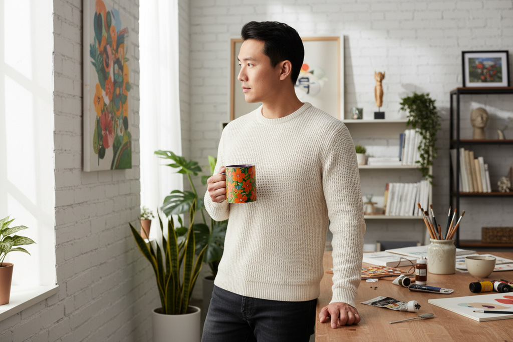 Young East Asian man in creative studio with Orange Blossom mug