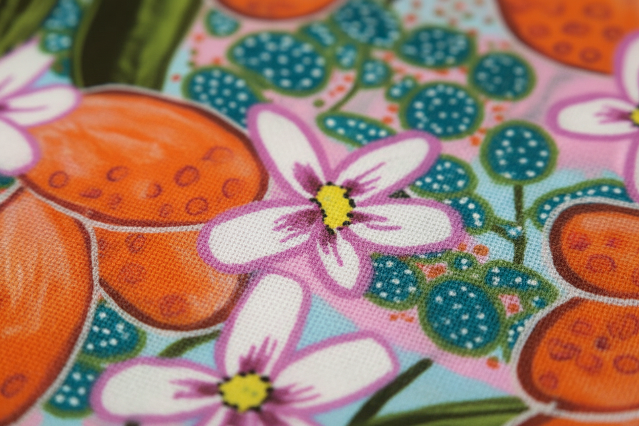 Extreme close-up detail of Orange Blossom tea towel fabric