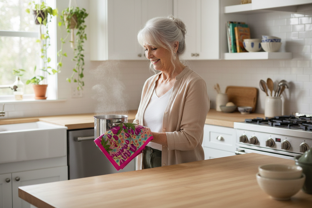 Elderly woman using Bleeding Hearts tea towel with hot pot