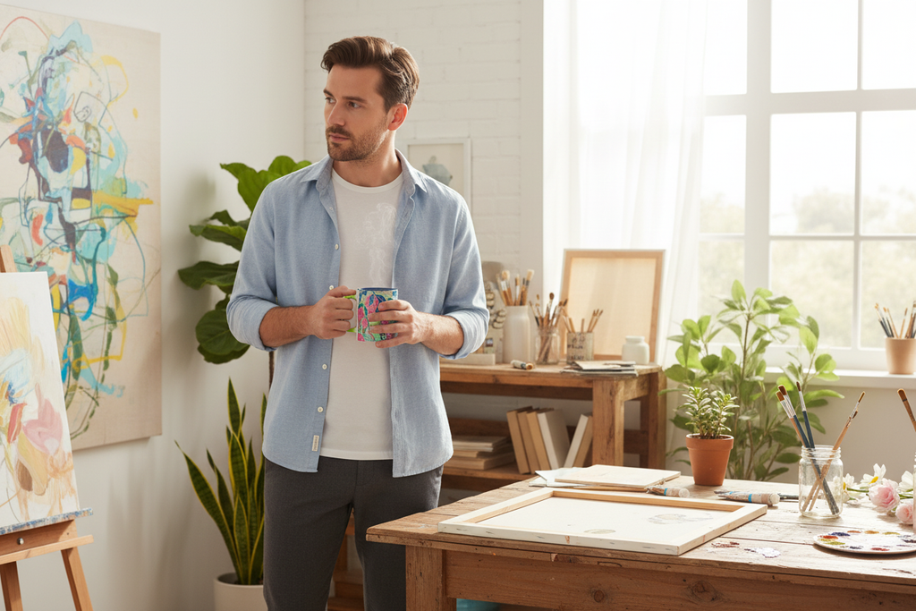 Young white man in creative studio with Radiant Dahlia mug