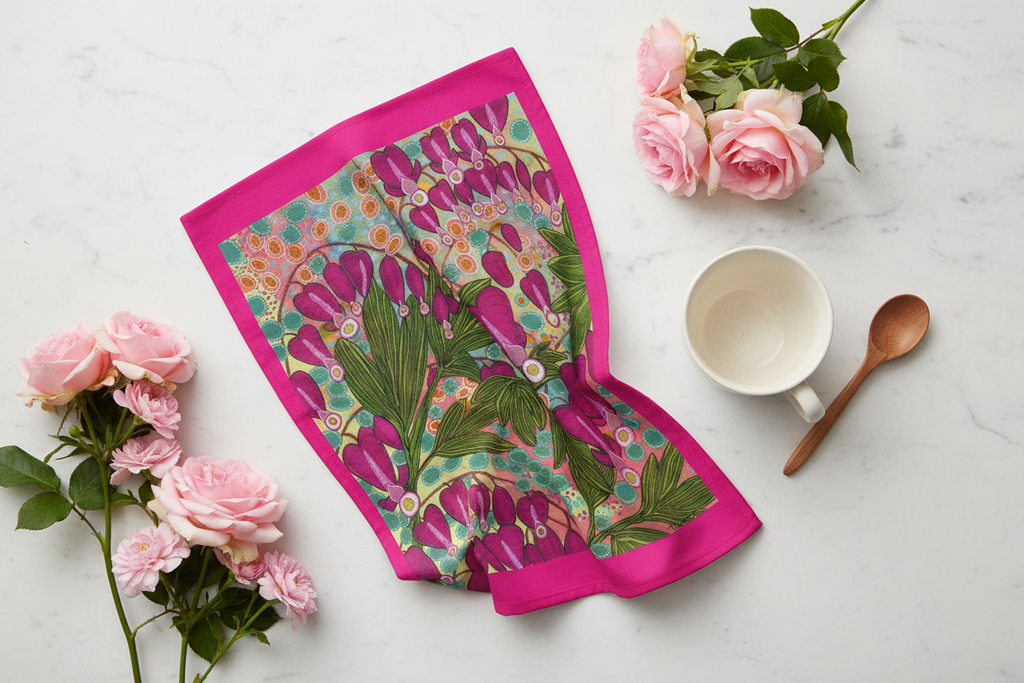 Elegant flat lay with Bleeding Hearts tea towel and flowers