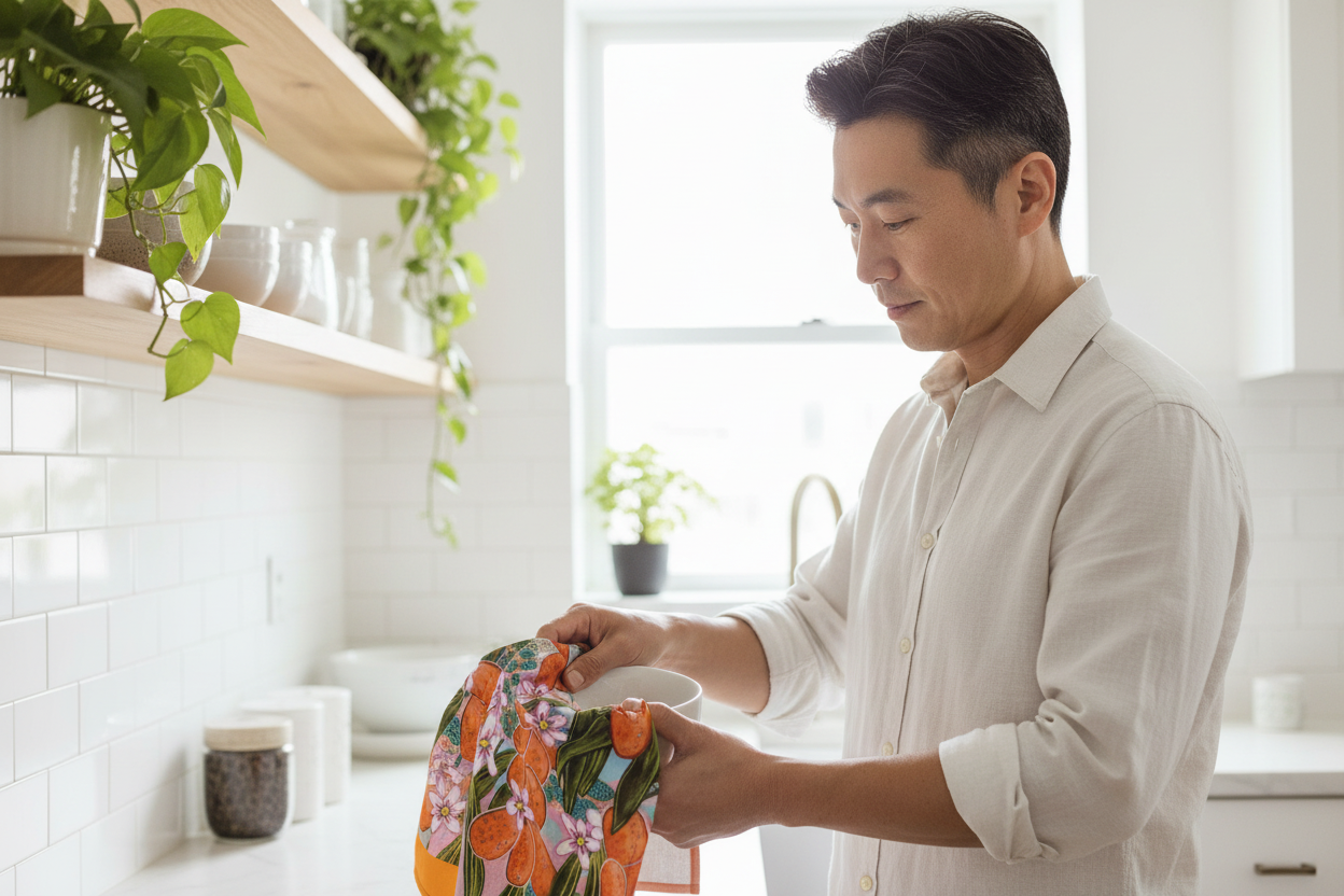Middle-aged East Asian man using Orange Blossom tea towel