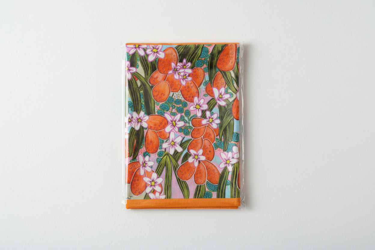 Orange Blossom tea towel in simple folded packaging