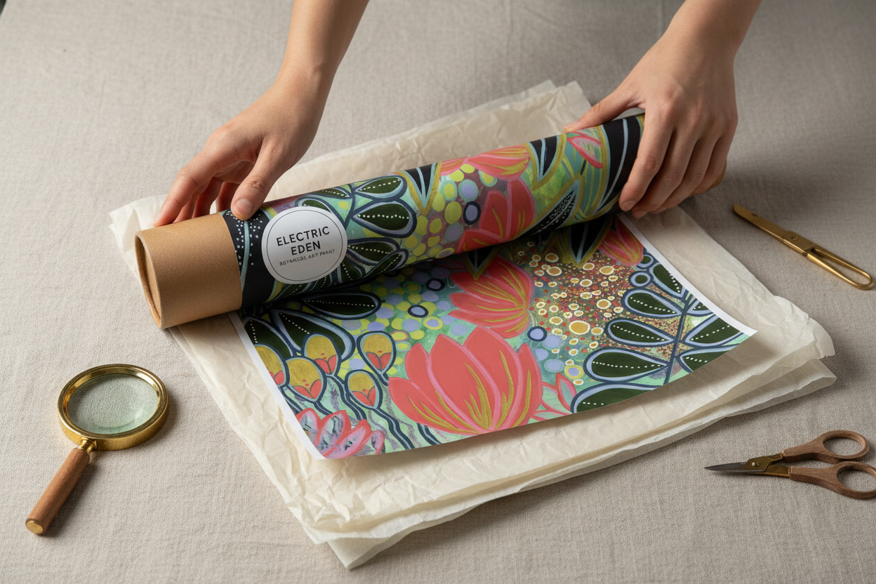 Electric Eden botanical art print packaging — rolled in kraft tube with tissue paper