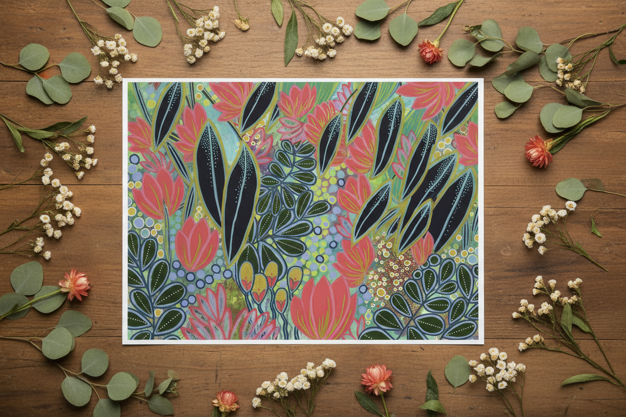 Electric Eden botanical art print flat lay with botanicals on wooden surface