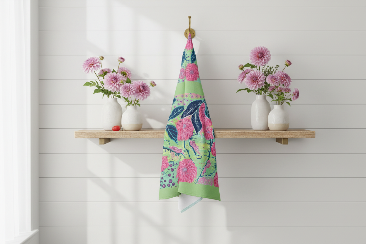 Radiant Dahlia tea towel displayed as kitchen wall art