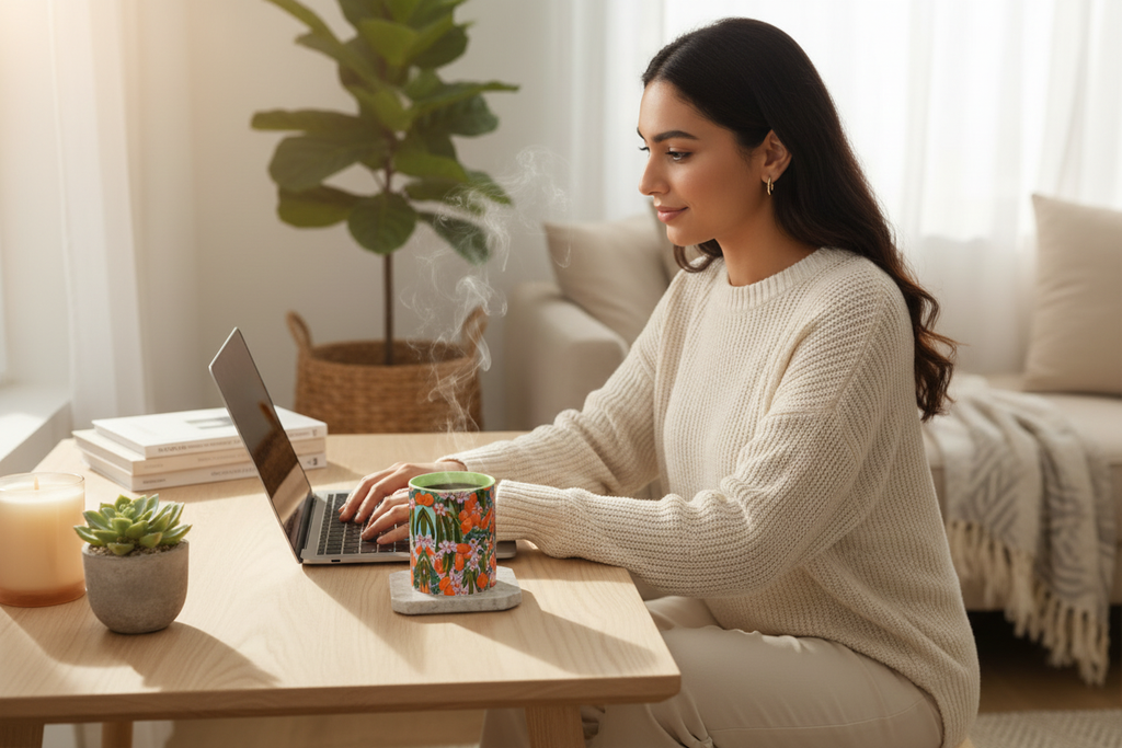 Young South Asian woman working from home with Orange Blossom mug