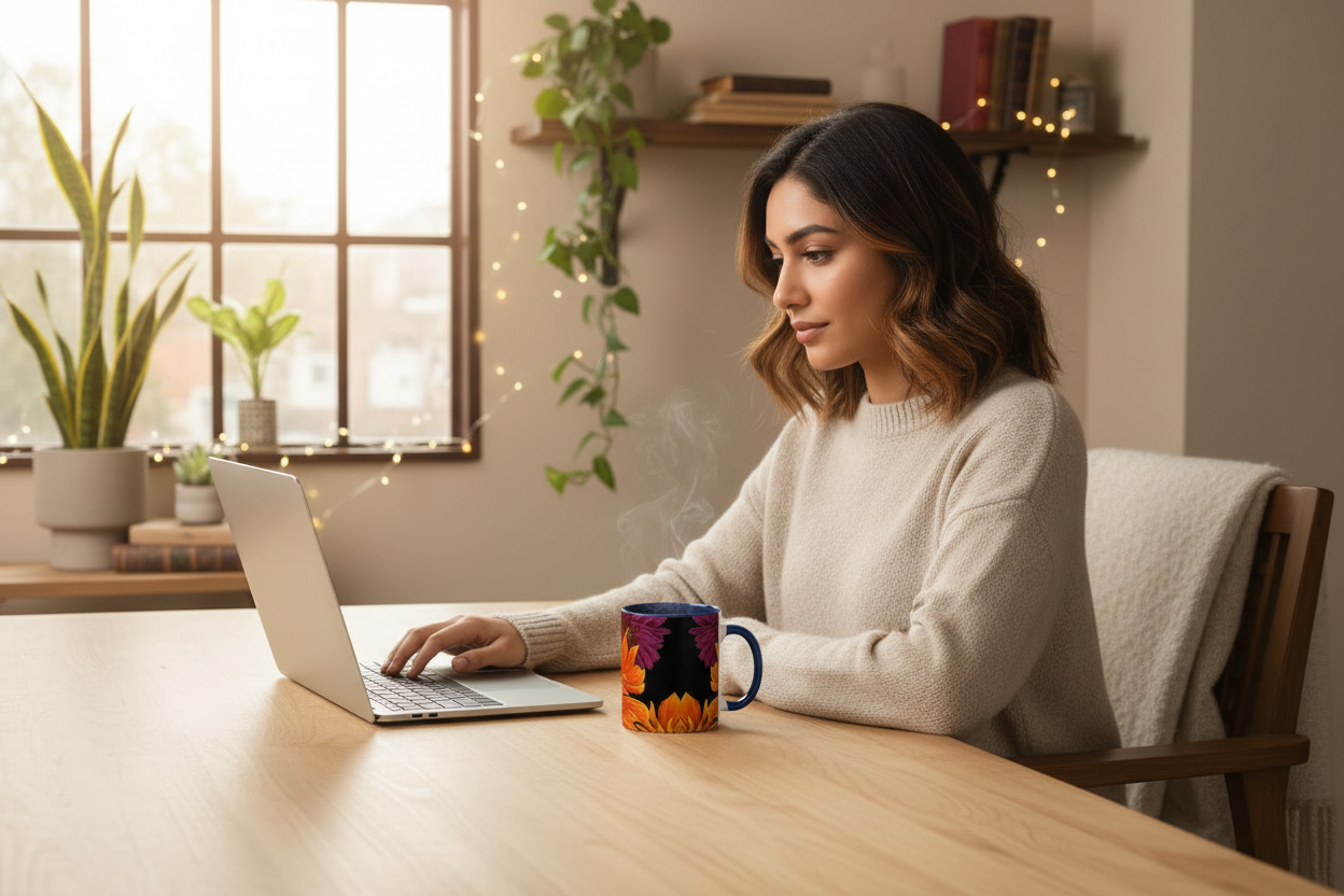 Young South Asian woman working from home with Ember Bloom mug