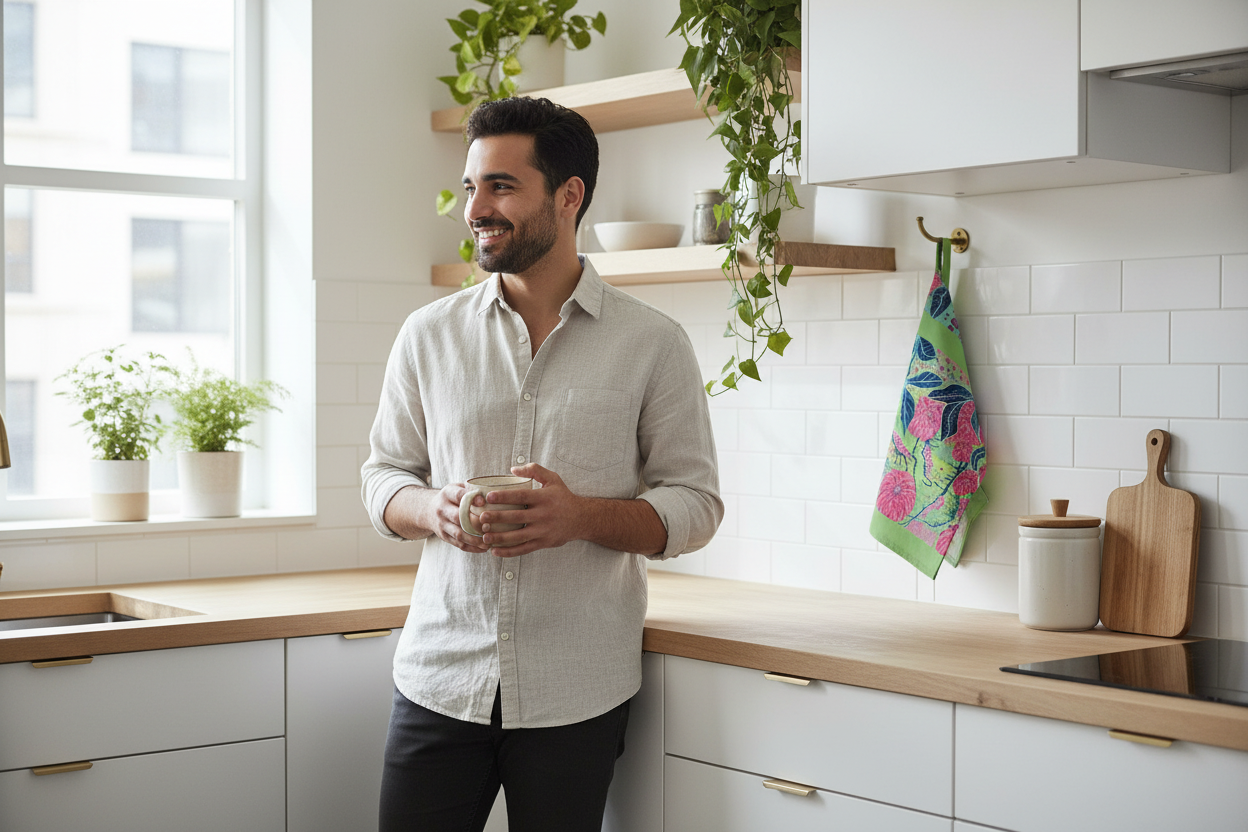 Young Middle Eastern man in kitchen with Radiant Dahlia tea towel