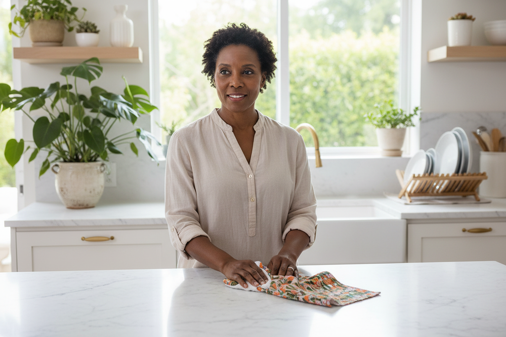 Middle-aged Black woman using Orange Blossom geometric tea towel