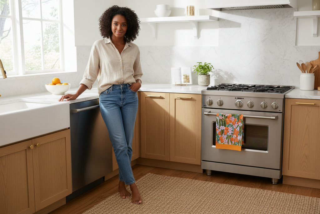 Young Black woman in kitchen with Orange Blossom tea towel