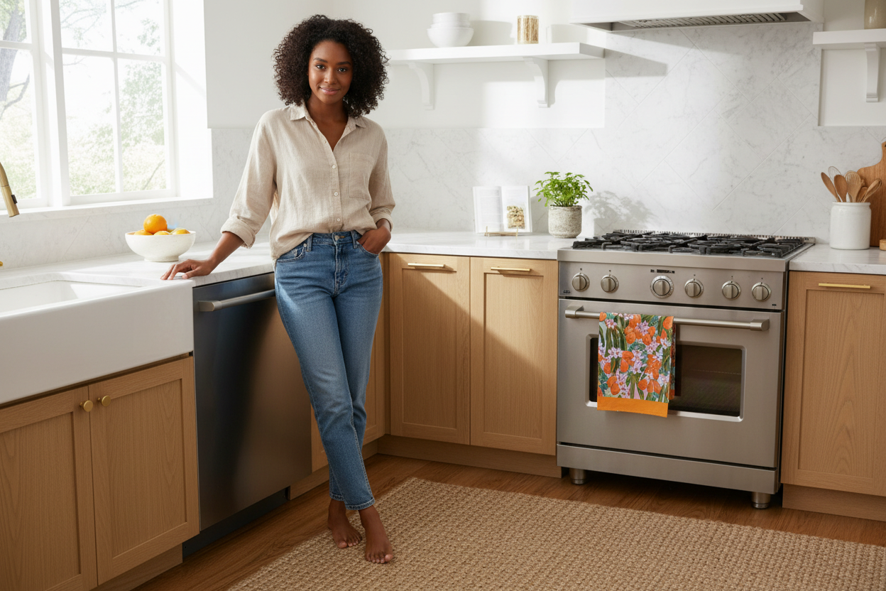 Young Black woman in kitchen with Orange Blossom tea towel