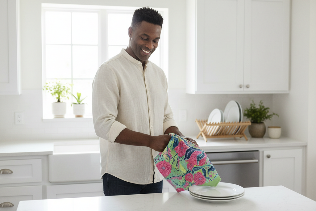 Middle-aged Black man using Radiant Dahlia tea towel