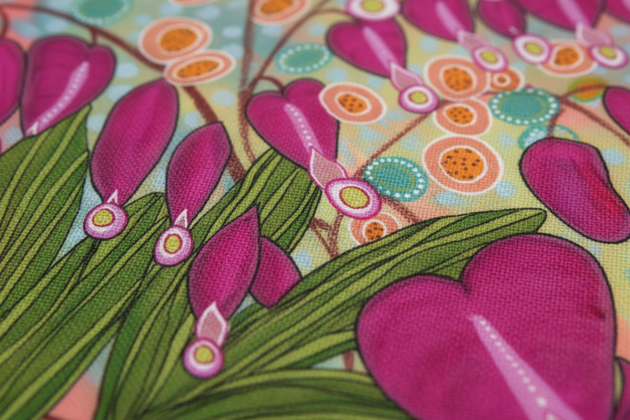 Extreme close-up detail of Bleeding Hearts tea towel fabric