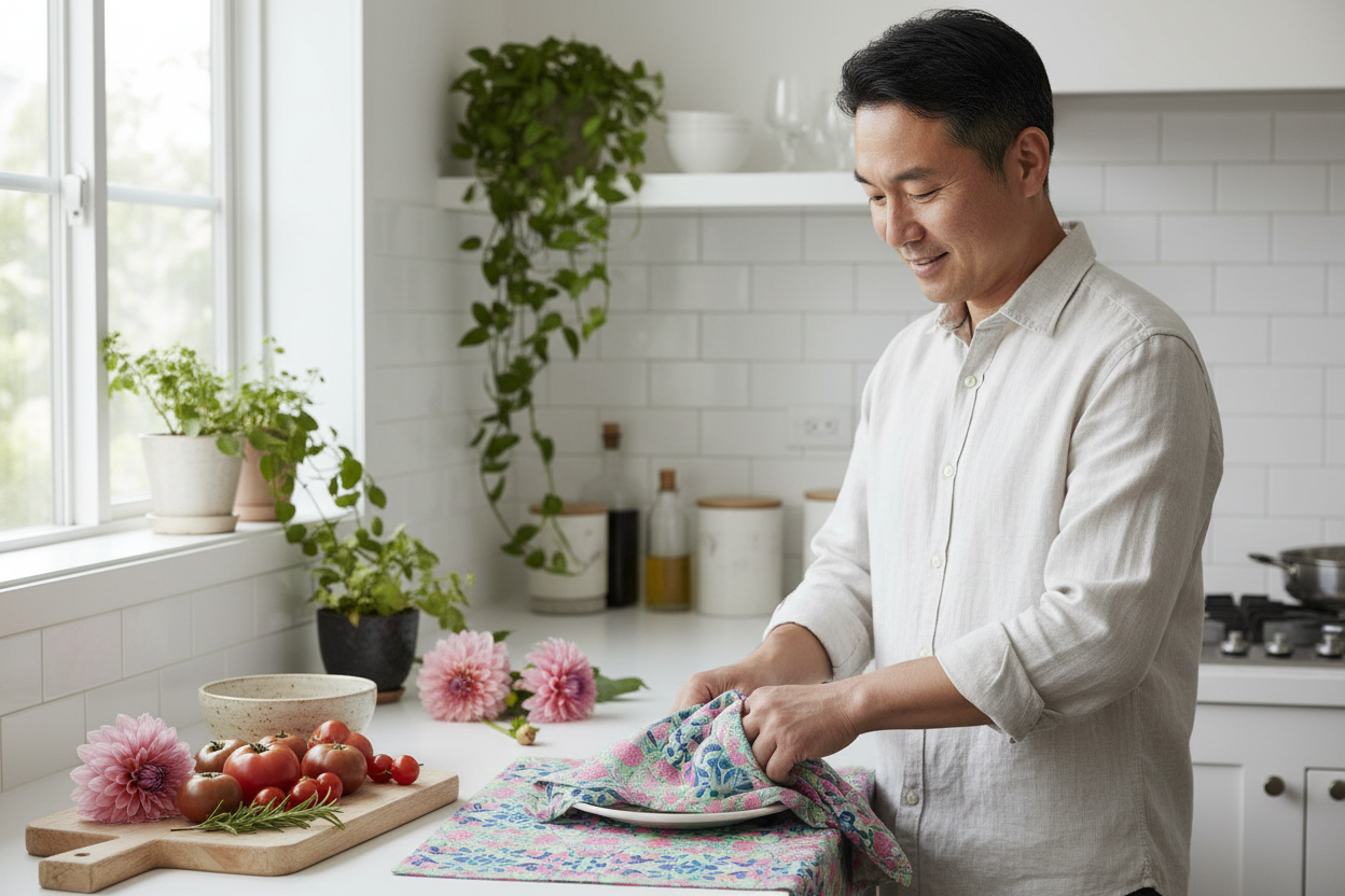 Middle-aged East Asian man using Radiant Dahlia Geometric tea towel