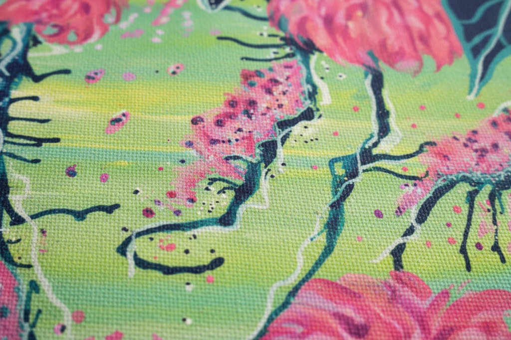 Extreme close-up detail of Radiant Dahlia tote fabric