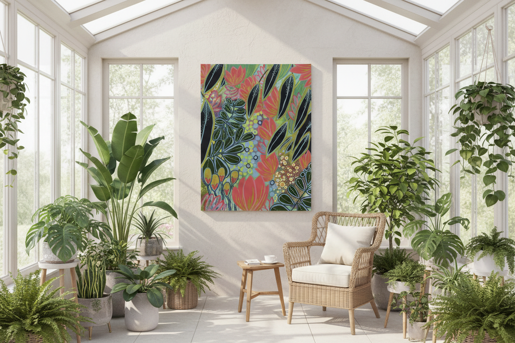 Electric Eden botanical art print in a bright conservatory, 70x50cm