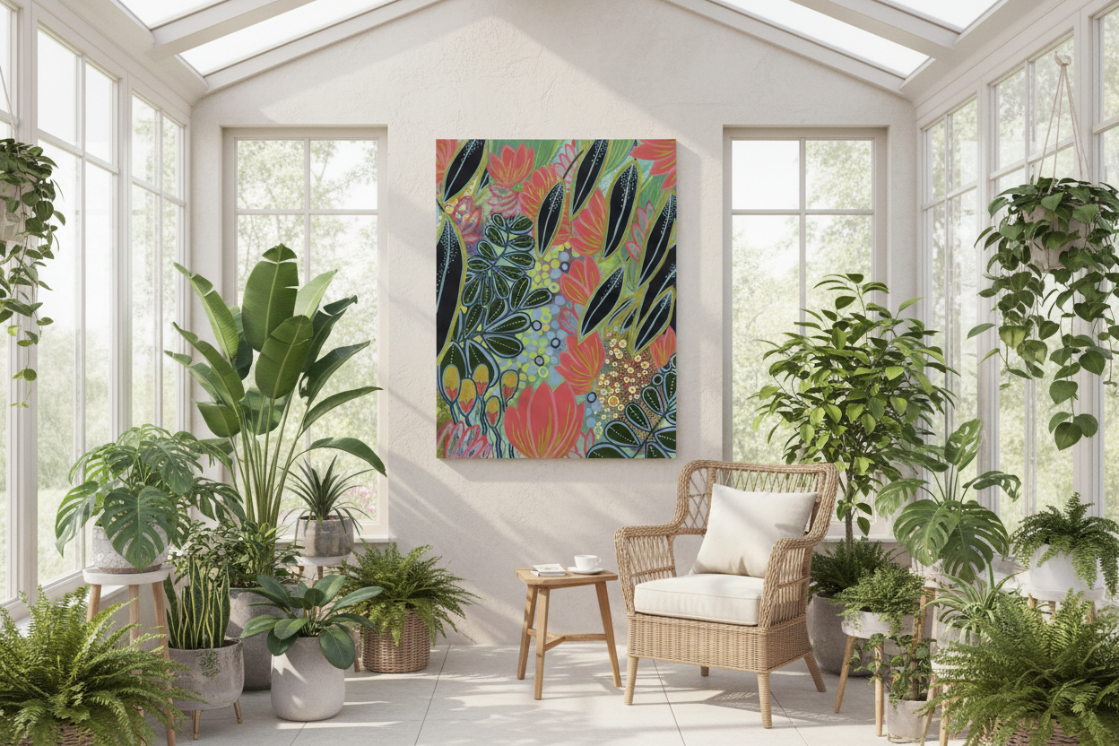 Electric Eden botanical art print in a bright conservatory, 70x50cm