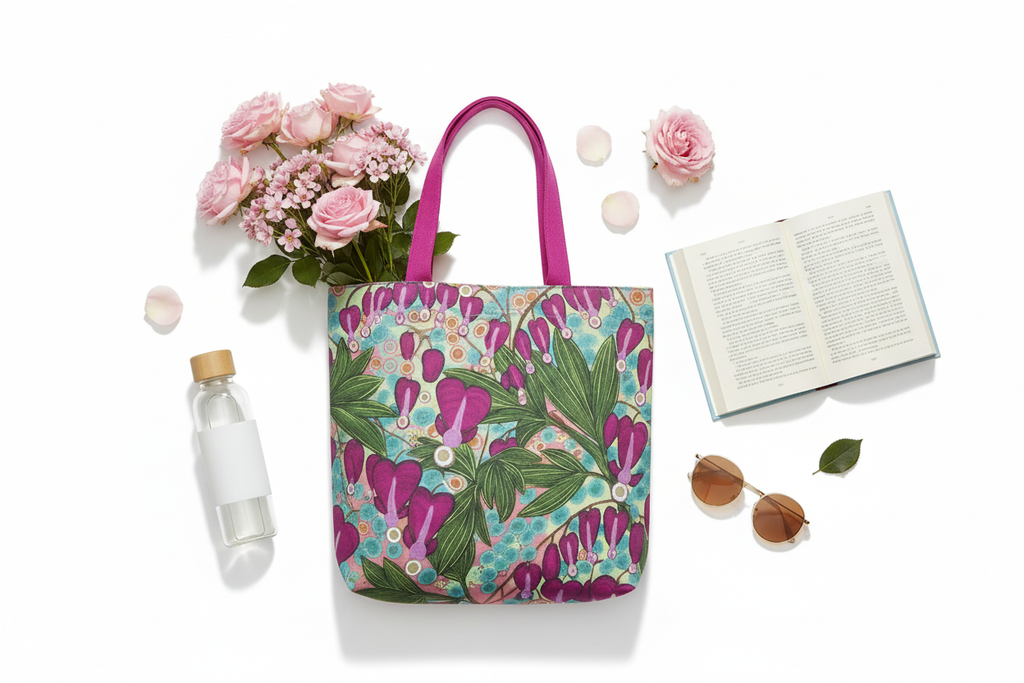 Elegant flat lay with Bleeding Hearts tote and accessories