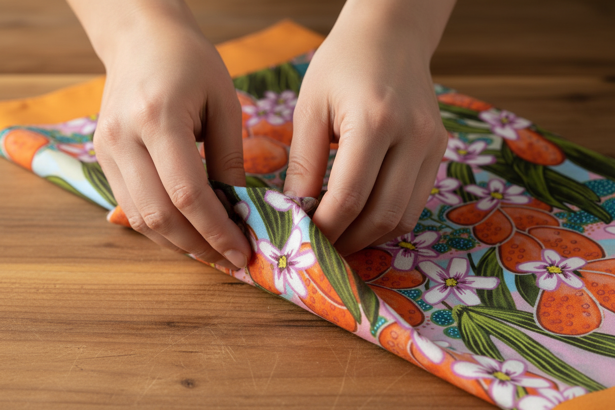 Close-up of hands folding Orange Blossom tea towel