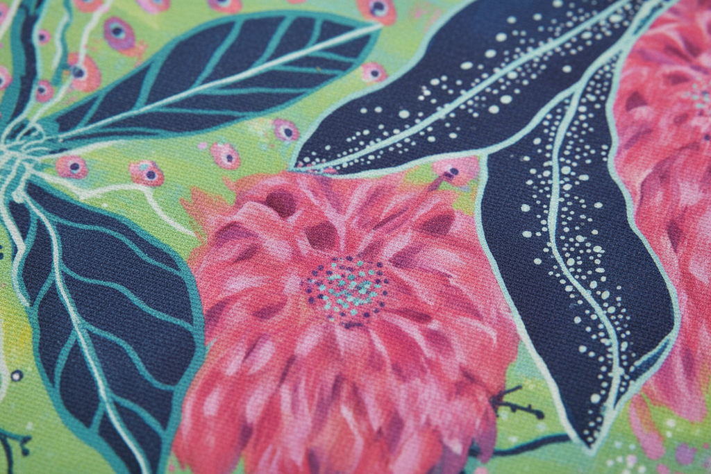 Extreme close-up detail of Radiant Dahlia tea towel fabric