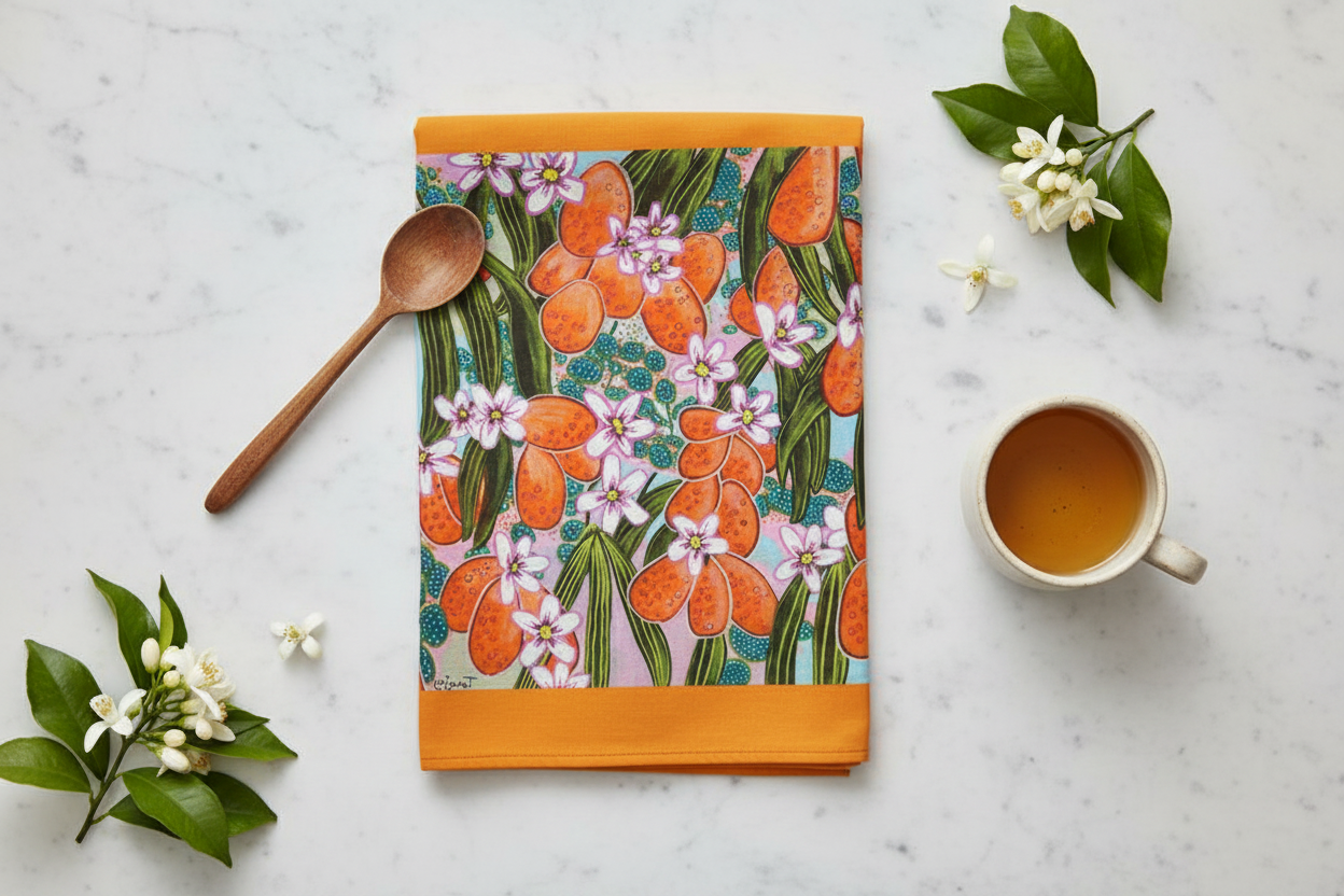 Elegant flat lay with Orange Blossom tea towel and flowers