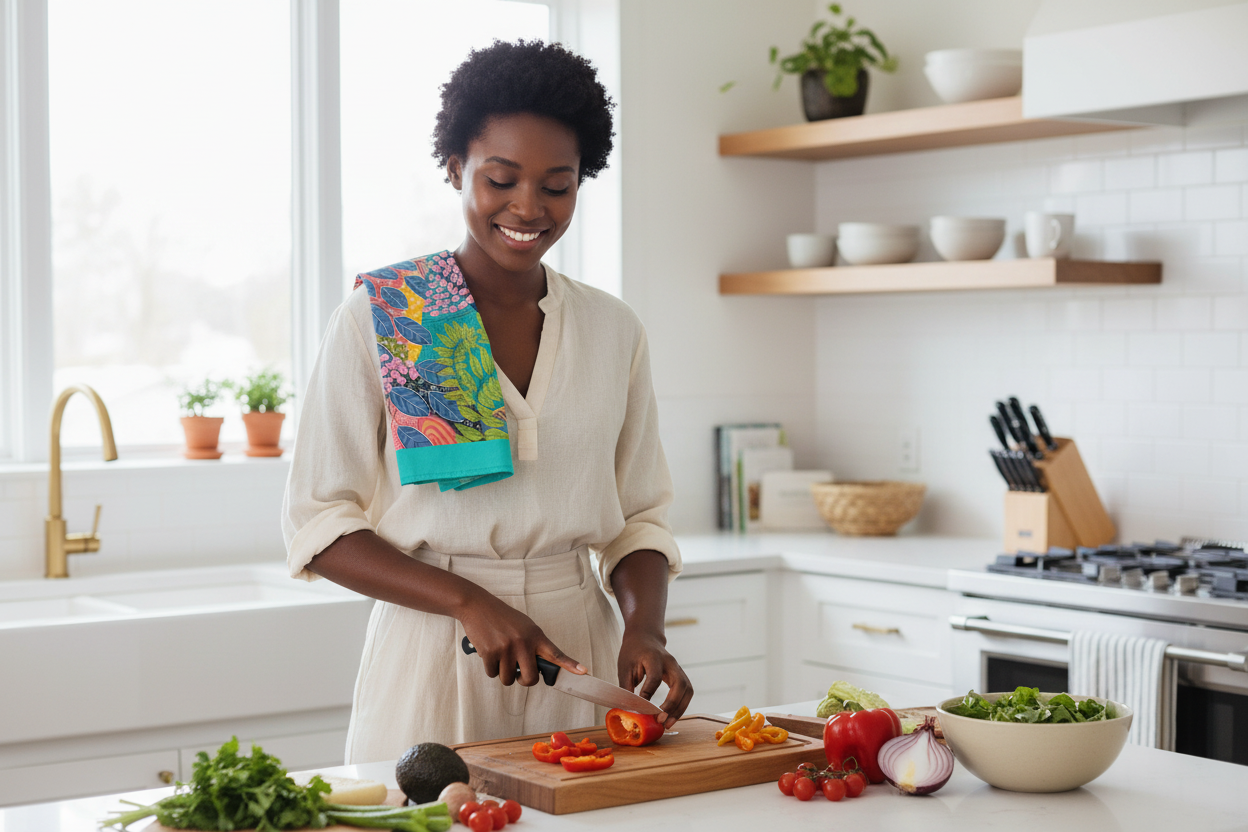 Young Black woman cooking with Summer Awakening tea towel