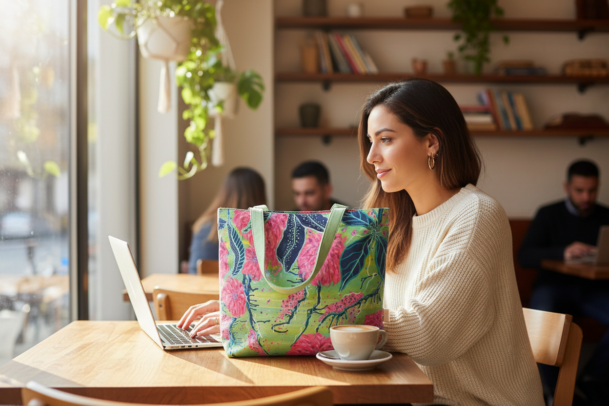 Young Middle Eastern woman with Radiant Dahlia tote at cafe