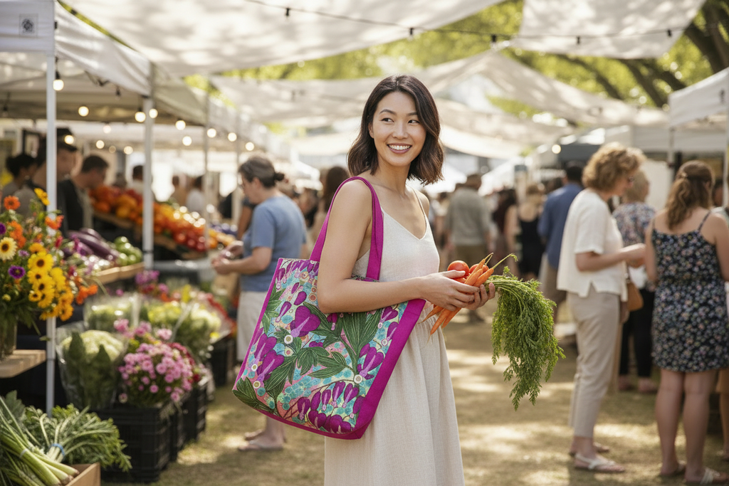 Young South Asian woman carrying Bleeding Hearts tote at farmers market