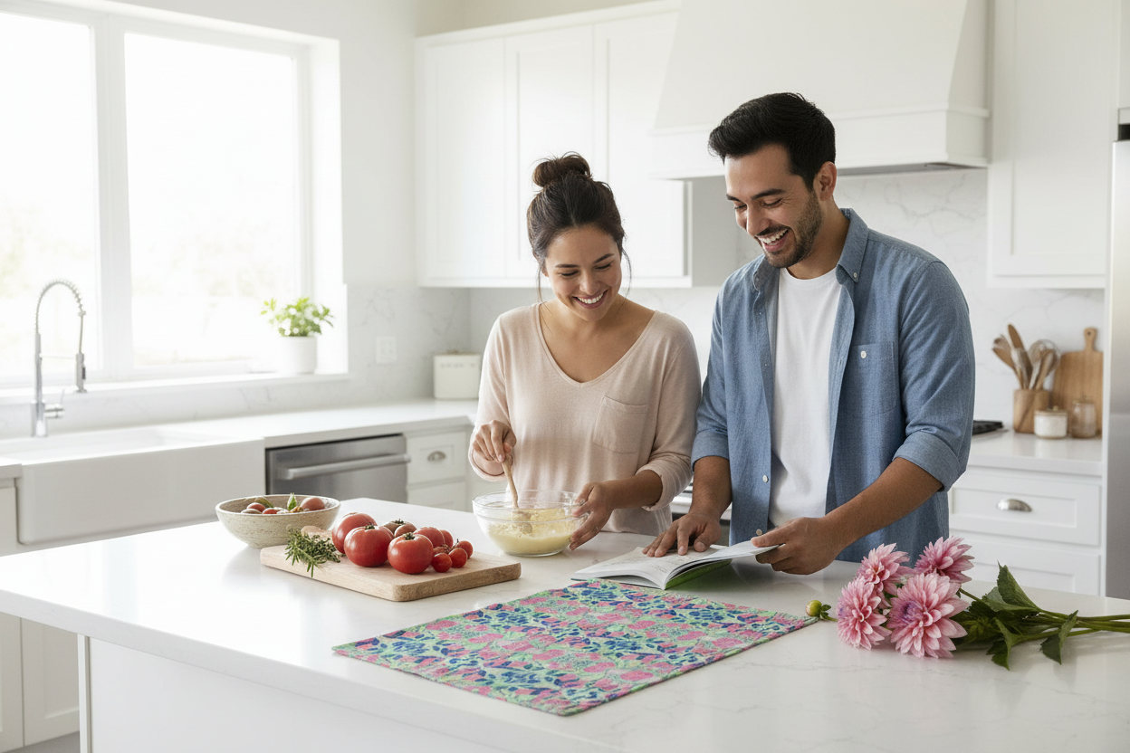 Young Hispanic couple cooking with Radiant Dahlia Geometric tea towel