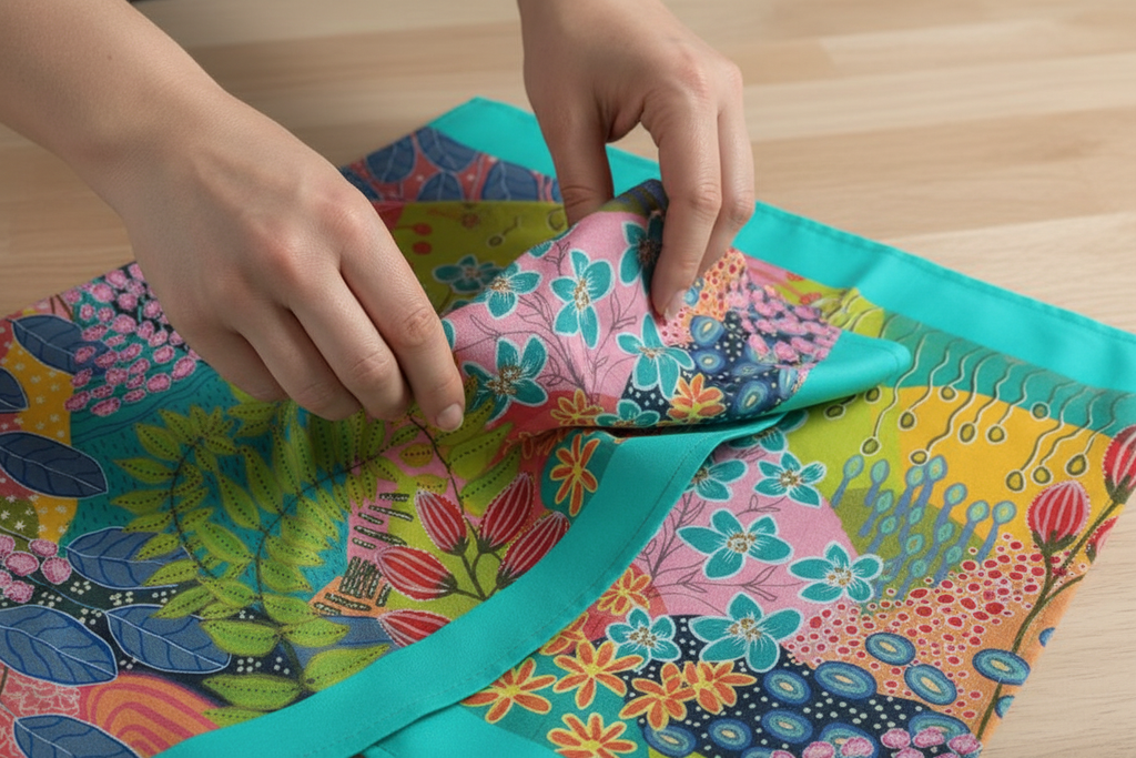 Close-up of hands folding Summer Awakening tea towel