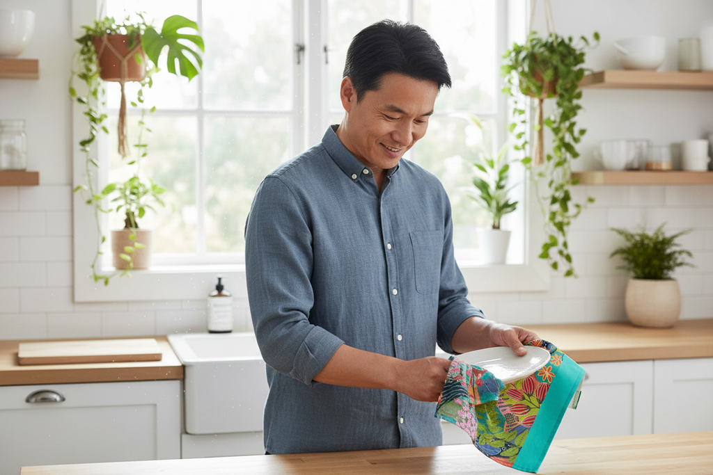 Middle-aged East Asian man using Summer Awakening tea towel