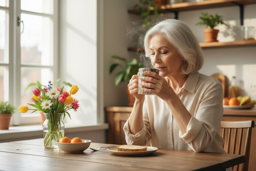 Elderly white woman enjoying morning coffee in Orange Blossom mug