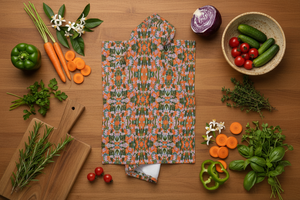 Flat lay with Orange Blossom geometric tea towel and fresh ingredients